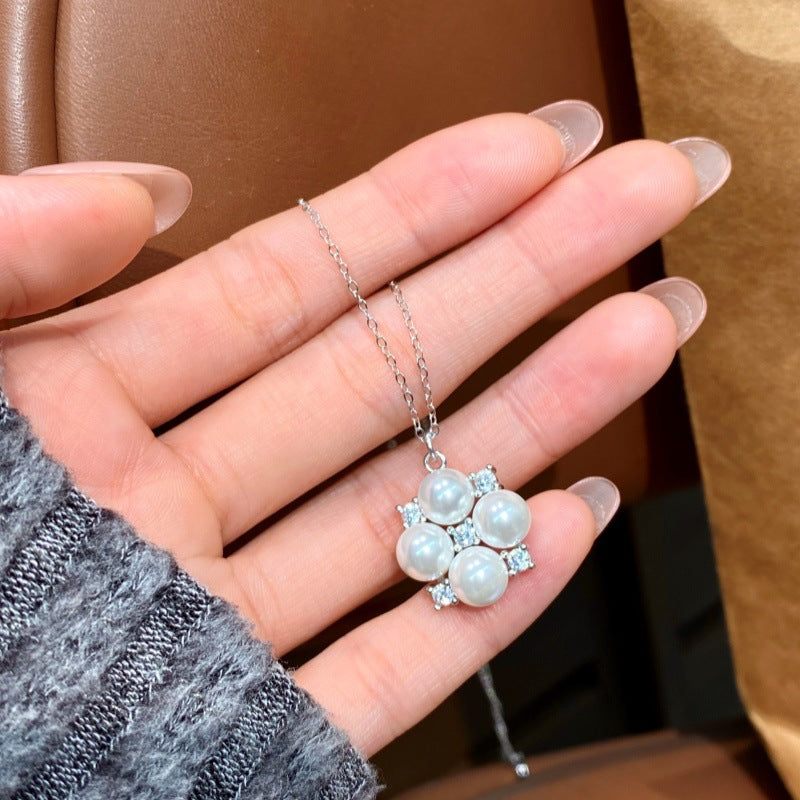 S925 Sterling Silver Clover Pearl Necklace Fresh All-Match Lucky Clavicle Chain for Girlfriend Mother's Day Gift