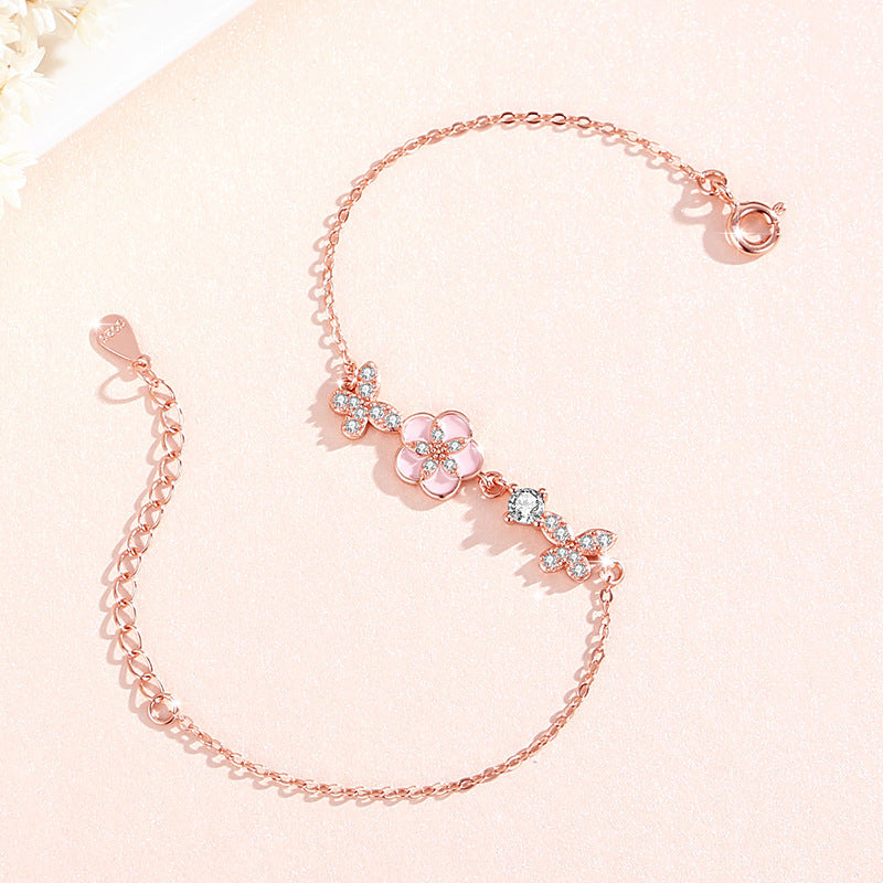 Sterling Silver Butterfly and Peach Blossom Bracelet – Zircon Accents