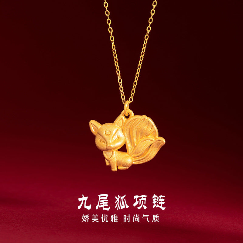 Fox Pure Silver 999 Necklace Female Niche Design Light Luxury Style Nine Tail Fox Clavicle Chain Ins Style Fox Fairy Pendant