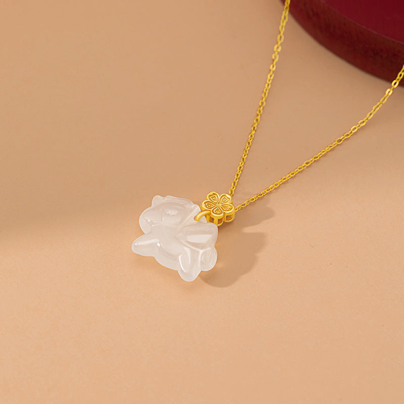 Immediately Rich Flower Sterling Silver 925 Necklace Female National Tide White Agate Birth Year Clavicle Chain Zodiac Horse Flower Pendant