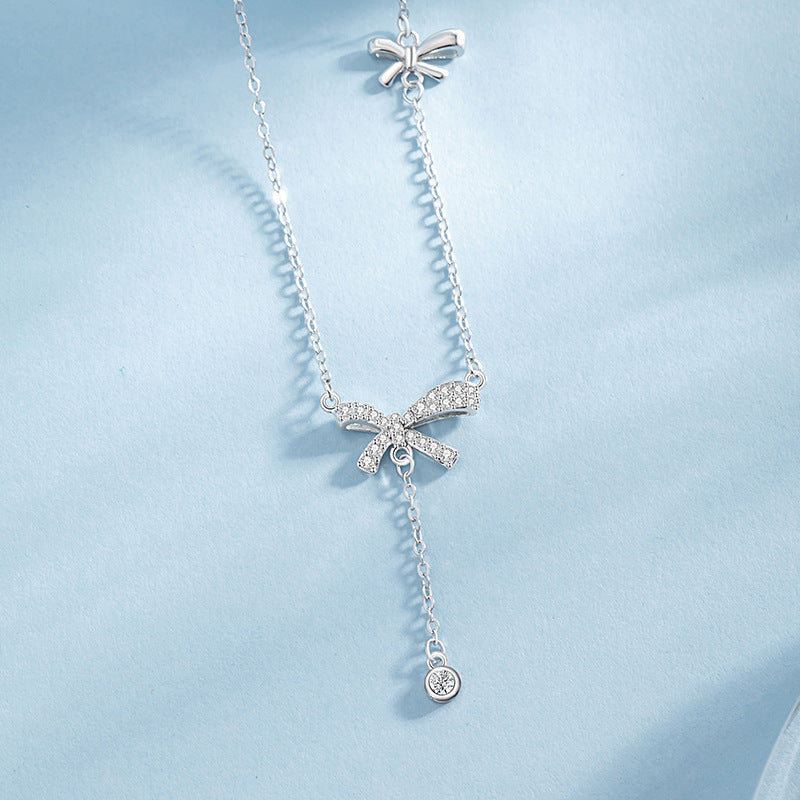 Bowknot Sterling Silver 925 Necklace Female Niche Design Light Luxury Zircon Tassel Clavicle Chain Ins Style Love Pendant
