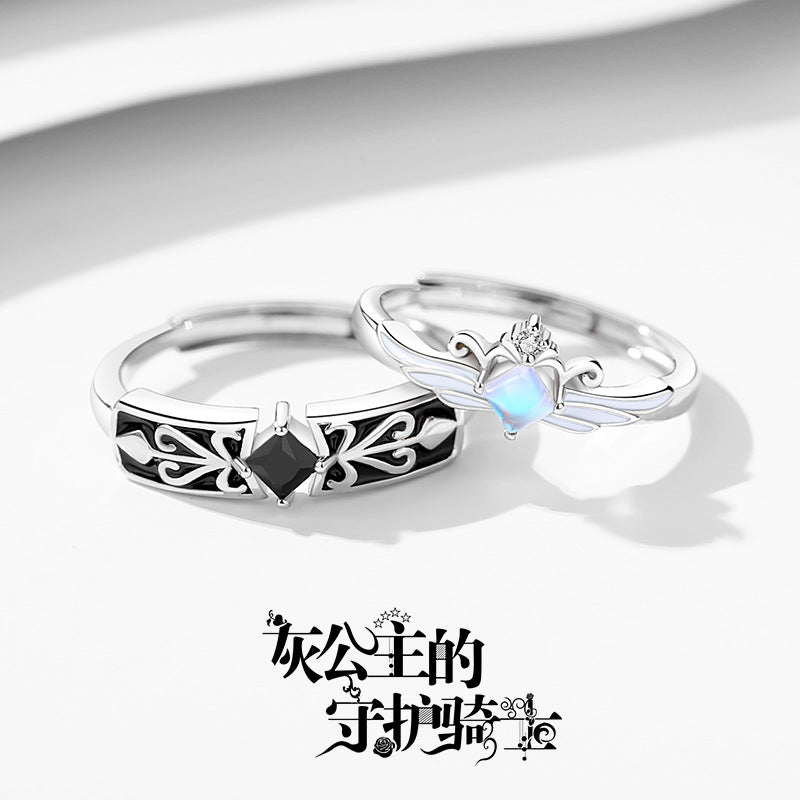 Original Design Princess Knight Couple Ring Glass Ring Cold Enamel Pair Crown Long-Distance Love Ring Generation Hair