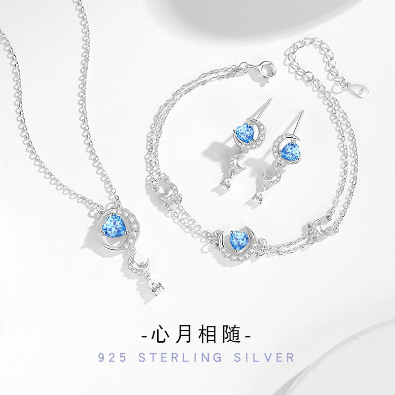 Moon Sterling Silver 925 Necklace Female Niche Design High-Grade Navy Blue Zircon Star Clavicle Chain Ins Love Pendant
