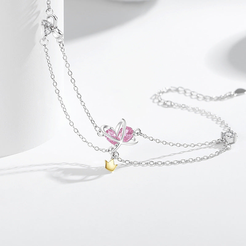 Planet Sterling Silver 925 Bracelet Women's Fashion All-Match Love Pink Diamond Bracelet Ins Style Star Crown Bracelet