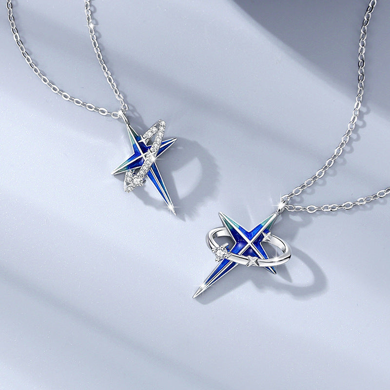 Star Sterling Silver 925 Couple Necklace Female Light Luxury Planet Zircon Clavicle Chain Get Things Ins Style Four Awn Star Pendant