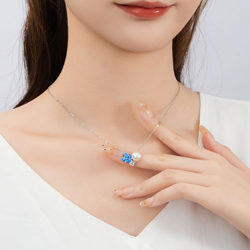 Small Square Sugar Sterling Silver 925 Necklace Fashionable Versatile Shijia Pearl Clavicle Chain Ins Light Luxury Style Sea Blue Zirconium Pendant