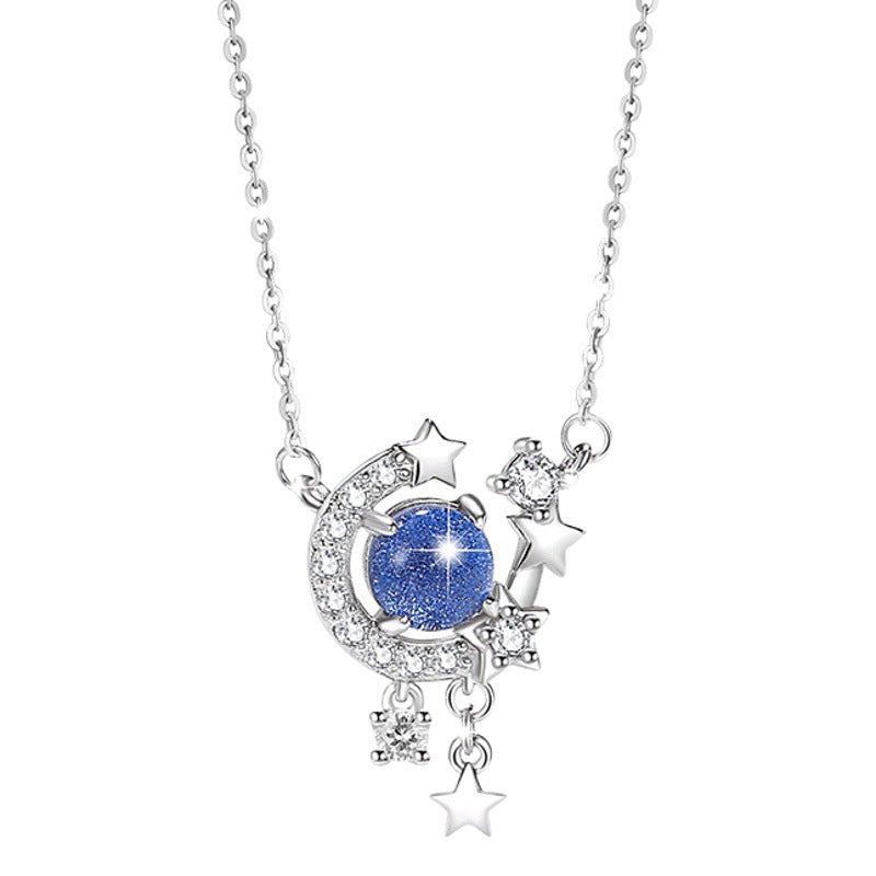 Moon Sterling Silver 925 Necklace Female Niche Design Light Luxury Glass Stone Clavicle Chain Ins Style Star Tassel Pendant