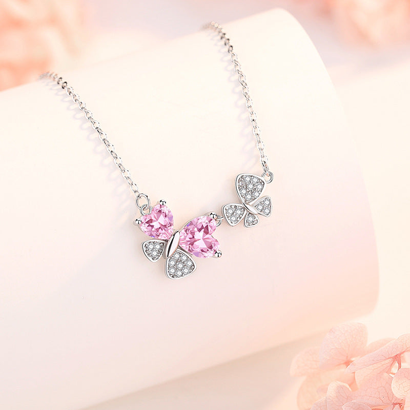 Butterfly Sterling Silver 925 Necklace Female Niche Light Luxury Sweet Style Pink Zircon Clavicle Chain Ins Style Love Pendant