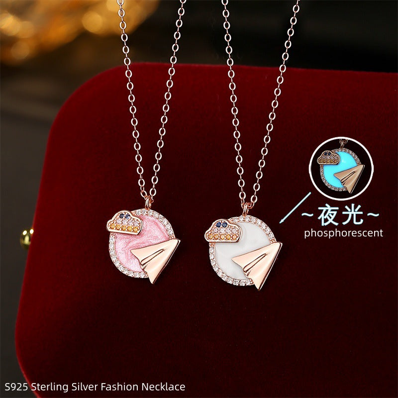 S925 Sterling Silver Necklace Women's Luminous Enamel Craft Clavicle Chain Niche Clouds Starry Sky Dream-Catching Paper Airplane Pendant