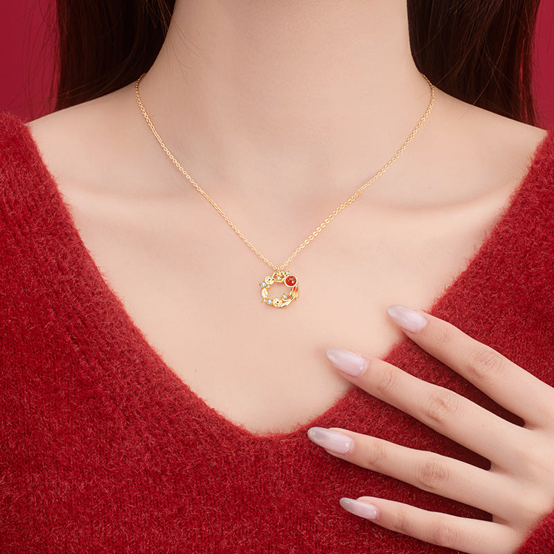 Lucky Koi Fish Sterling Silver 925 Necklace Female New Chinese Red Agate Copper Coin Ashore Clavicle Chain Ins Ruyi Pendant