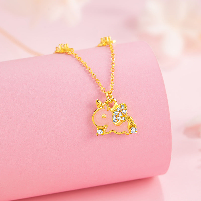 Rainbow Unicorn Sterling Silver 925 Necklace Female Cute Sweet Star Zircon Clavicle Chain Ins Valentine's Day Pendant