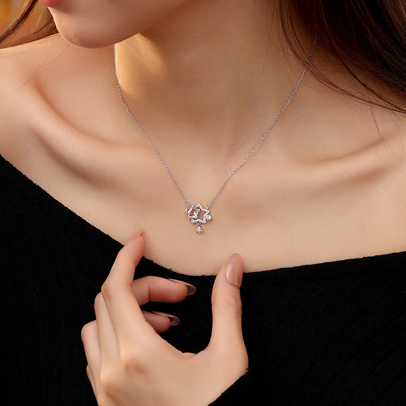 S925 Sterling Silver Necklace Women's Colorful Glazed Stone Star Pendant Niche Light Luxury High-Grade Double Star Clavicle Chain