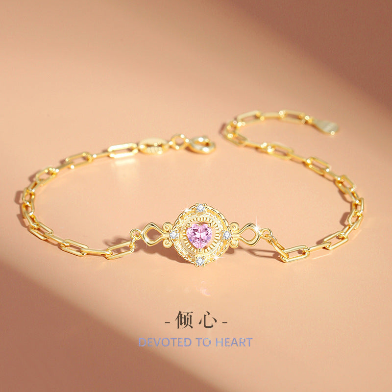 Original Heart Has You Sterling Silver 925 Bracelet Women's Light Luxury High-Grade Pink Zircon Bracelet Ins Style Lovely Bracelet