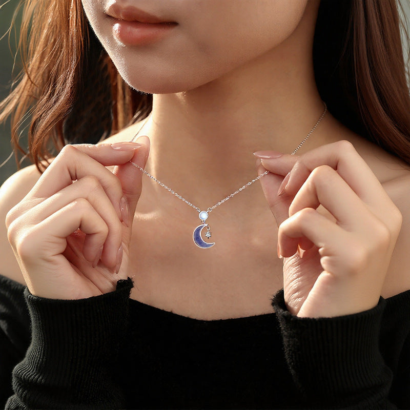 Original Design Enamel Craft Luminous S925 Sterling Silver Necklace Colored Glaze Moonstone Niche Simple Star Moon Clavicle Chain