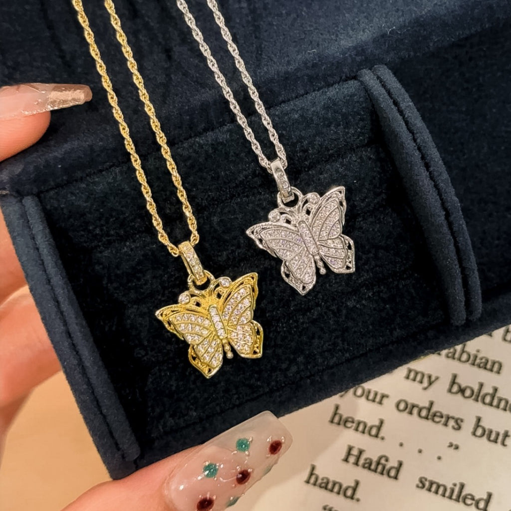 Ancient Butterfly Sterling Silver 925 Necklace Women's Retro Court Style Tassel Clavicle Chain Ins Style High-Grade Zircon Pendant