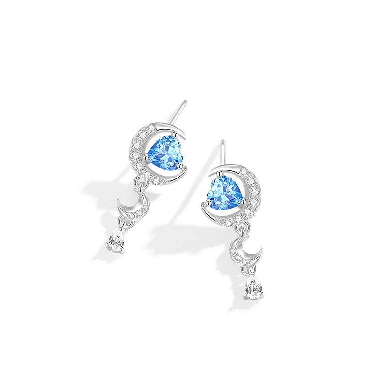 Moon Sterling Silver 925 Stud Earrings Female Niche Light Luxury High-Grade Navy Blue Zircon Star Earrings Ins Style Lovely Earrings