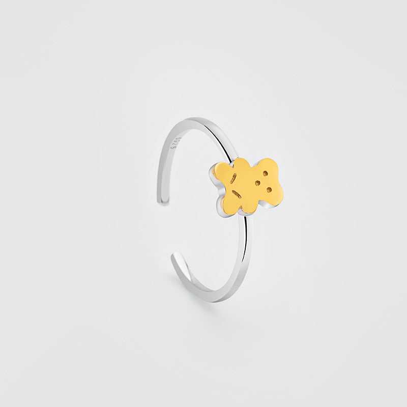 Teddy Bear Sterling Silver 925 Open Ring Female Niche Design Light Luxury Glossy Ring Ins Cute Cute Bear Ring