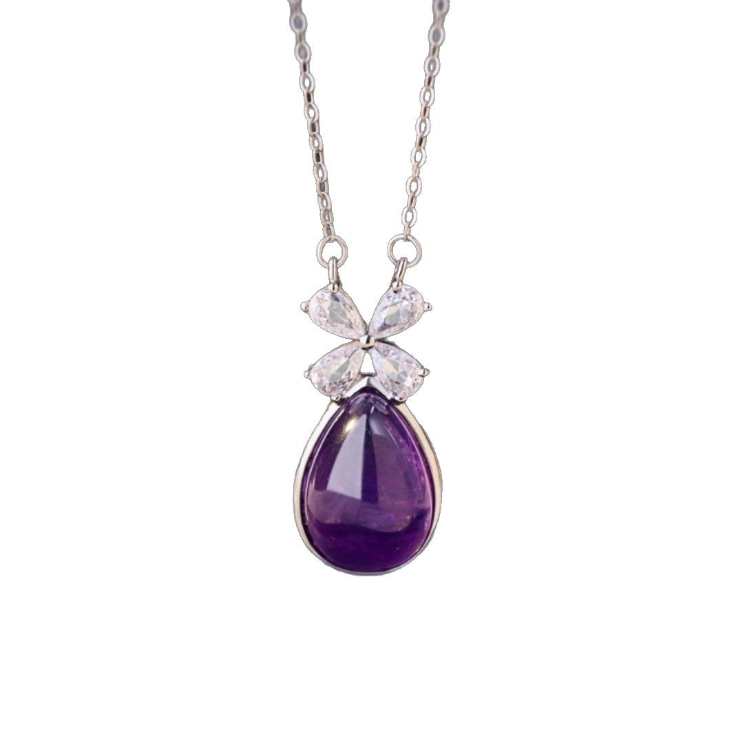 Lucky Clover Sterling Silver 925 Necklace Women's Light Luxury High-Grade Natural Amethyst Clavicle Chain Ins Flower Pendant