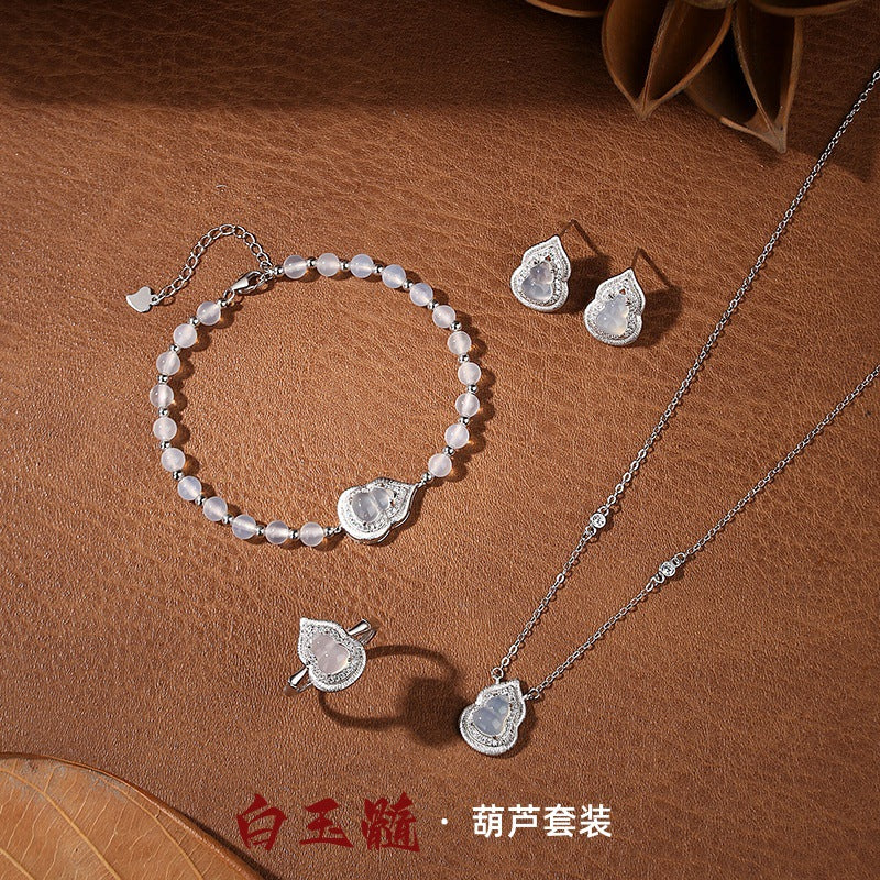 New Chinese Hetian Jade White Chalcedony Fu Lu Gourd Set S925 Sterling Silver Necklace Bracelet Ring Earrings Four-Piece Set