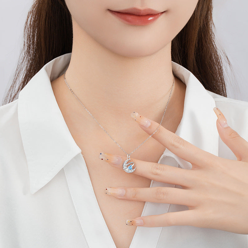 Moon Sterling Silver 925 Necklace Female Niche Design Light Luxury Zircon Star Clavicle Chain Ins Style Love Pendant