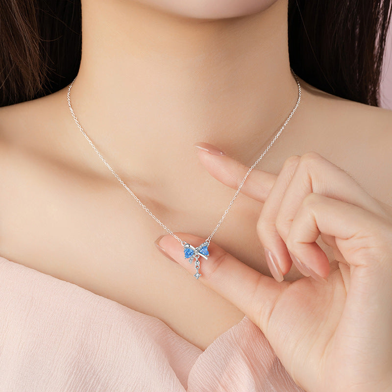 Bowknot Sterling Silver 925 Necklace Female Niche Design Light Luxury Tassel Clavicle Chain Ins Style Lovely Zircon Pendant