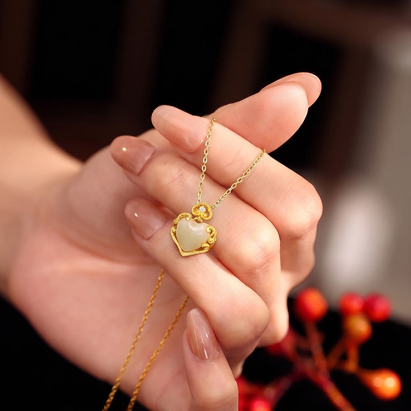 Natural Hetian Jade Necklace Women's Light Luxury S925 Sterling Silver Love Auspicious Cloud Relief Design Clavicle Chain Wholesale for Girlfriend