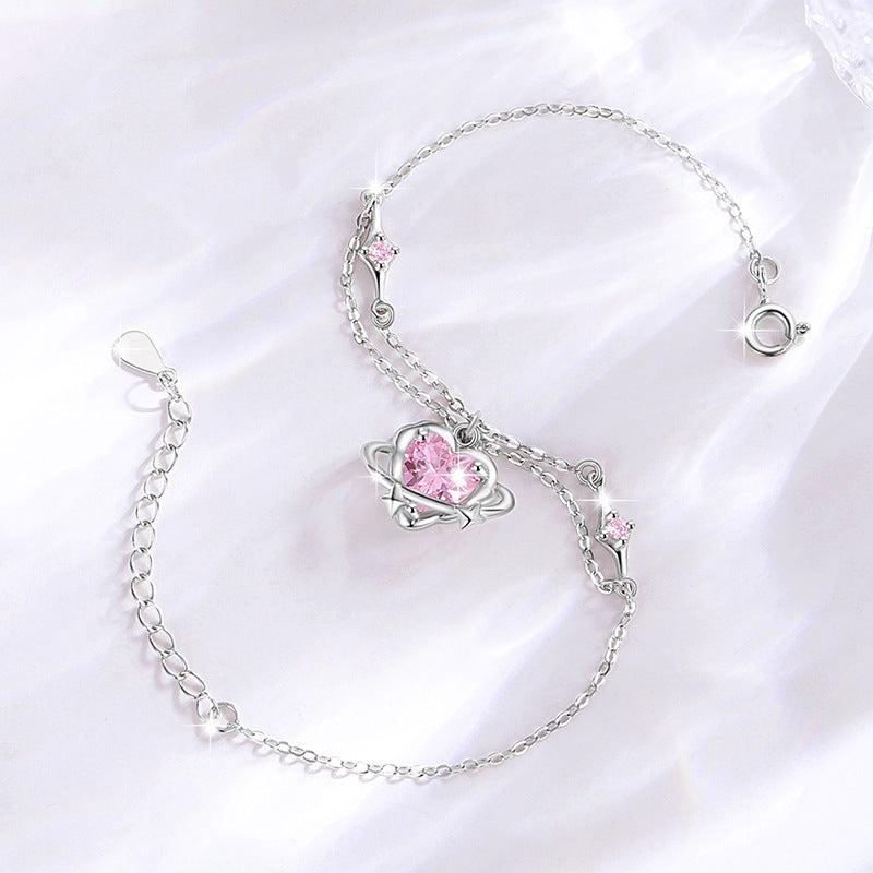 Lovely Sterling Silver 925 Bracelet Female Niche Design Light Luxury Star Pink Diamond Bracelet Qixi Ins Style Planet Bracelet