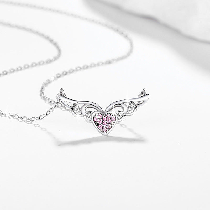 Angel Wings Sterling Silver 925 Necklace Female Niche Design Light Luxury Pink Diamond Clavicle Chain Thing Ins Love Pendant