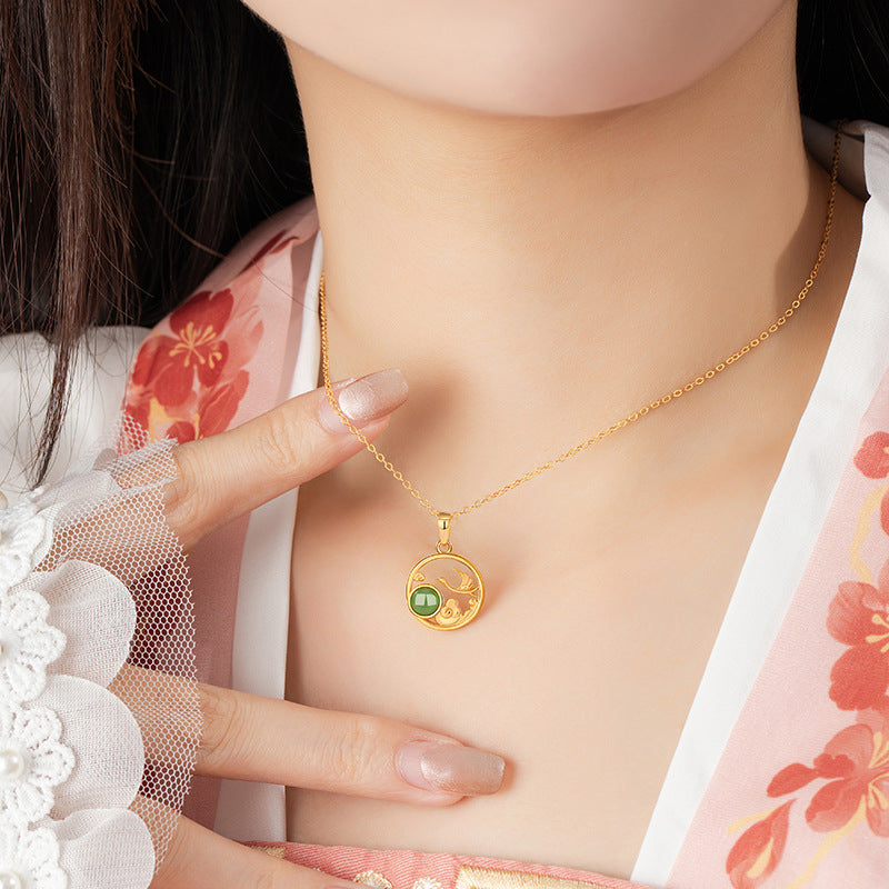 Crane Sterling Silver 925 Hetian Jade Necklace Women's National Fashion Classical Style Auspicious Cloud Clavicle Chain Ins New Chinese Style Pendant