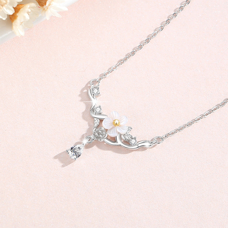 Cherry Blossom Sterling Silver 925 Necklace Female Niche Design Light Luxury White Shell Clavicle Chain Get Things Ins Style Flower Pendant