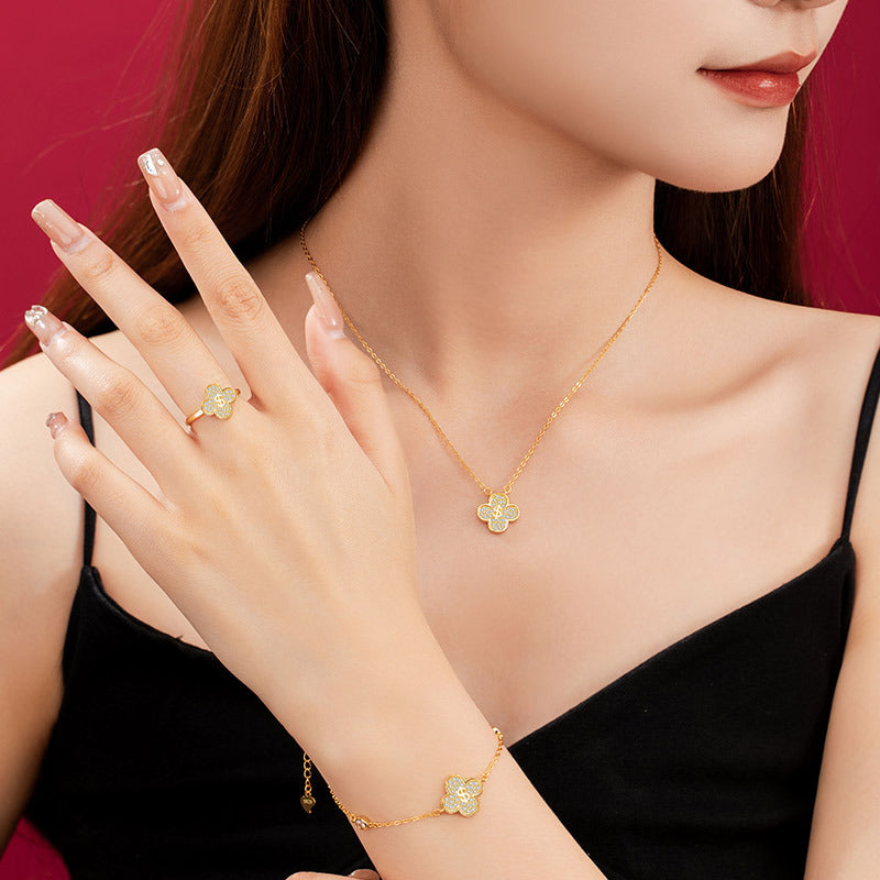 Rich Flower Clover Jewelry Set S925 Sterling Silver Gold-Plated Necklace Bracelet Lucky Lucky Gift Live Supply