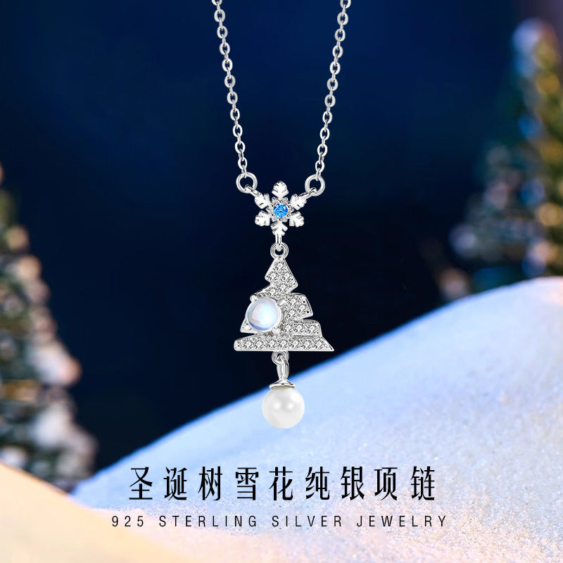 Sterling Silver Christmas Tree and Snowflake Necklace – Pearl Detail