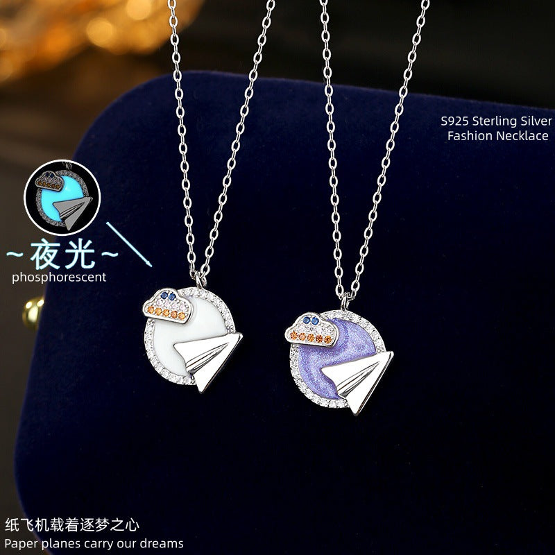 S925 Sterling Silver Necklace Women's Luminous Enamel Craft Clavicle Chain Niche Clouds Starry Sky Dream-Catching Paper Airplane Pendant