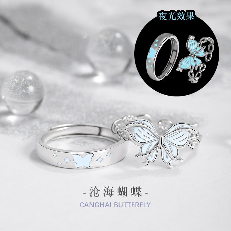 Butterfly Sterling Silver 925 Luminous Couple Ring Men and Women Niche Light Luxury Plain Ring Ins Style Valentine's Day Couple Ring