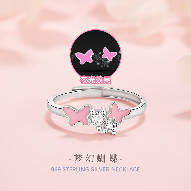 Butterfly Pure Silver 999 Luminous Ring Female Fashion Versatile Epoxy Star Zircon Ring Ins Style Super Fairy Ring
