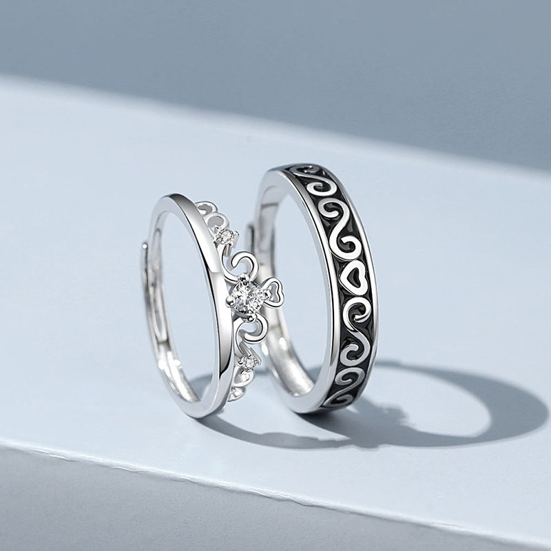 Princess and Knight Sterling Silver 925 Couple Ring Fashion Versatile Love Zircon Ring Ins Style Crown Ring