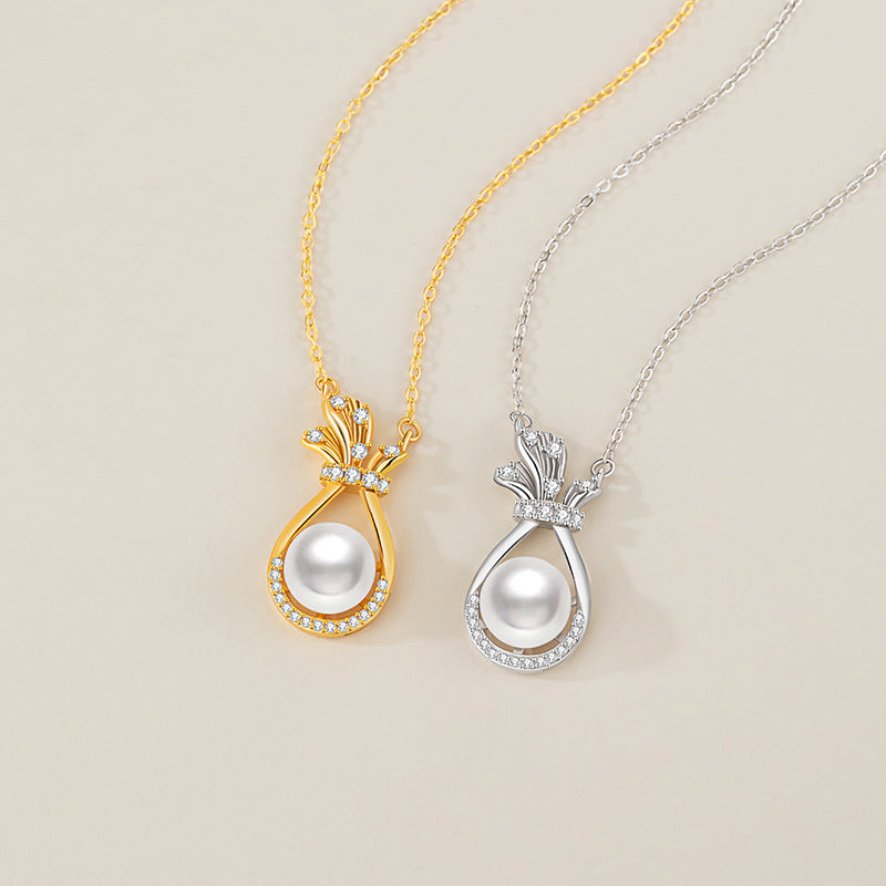 Lucky Bag Sterling Silver 925 Necklace Women's Light Luxury High-Grade Natural Freshwater Pearl Clavicle Chain Valentine's Day Gift Pendant