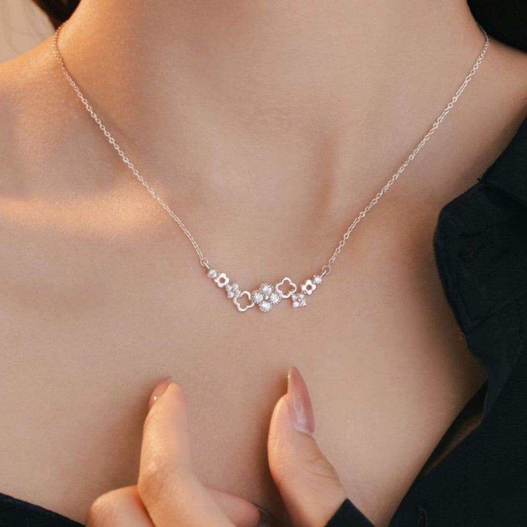 Lucky Clover Sterling Silver 925 Necklace Women's Light Luxury High-Grade Flower Zircon Clavicle Chain Ins Little Red Book Pendant