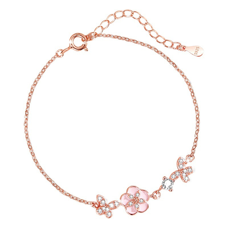 Sterling Silver Butterfly and Peach Blossom Bracelet – Zircon Accents
