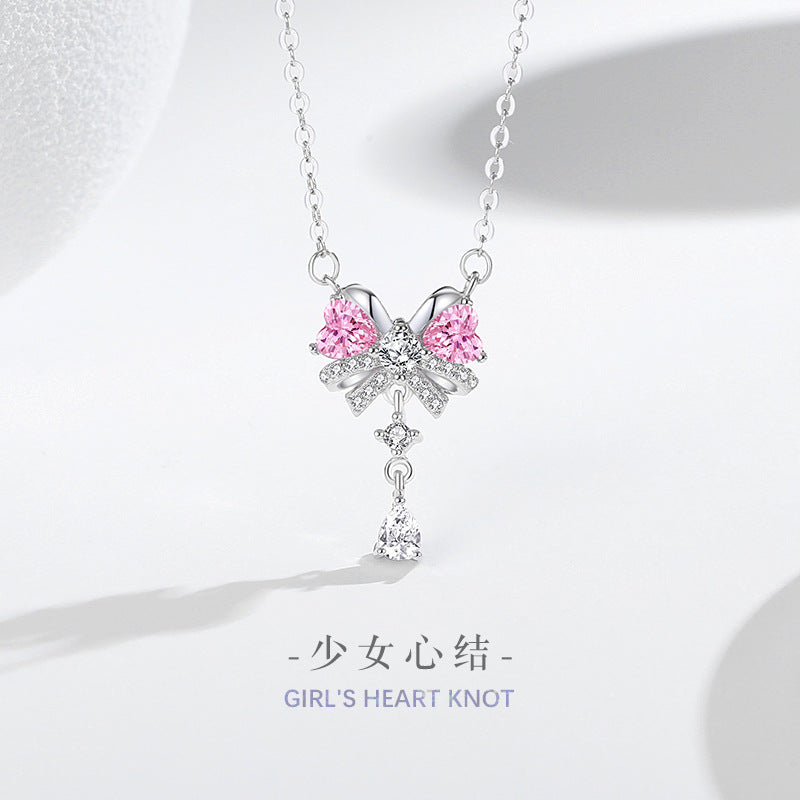 Bow Sterling Silver 925 Necklace Female Niche Design Light Luxury Tassel Zircon Clavicle Chain Love Pink Diamond Pendant