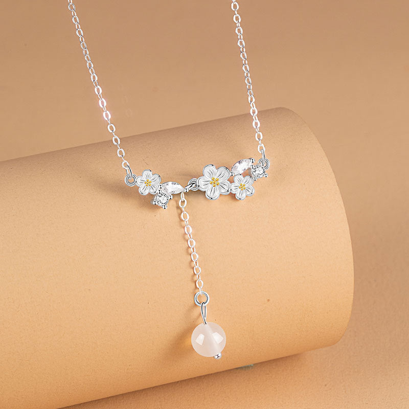 SOURCE Factory S925 Sterling Silver Moli Necklace Female New Chinese Flower Tassel White Agate Silver Jewelry Wholesale Gift Female