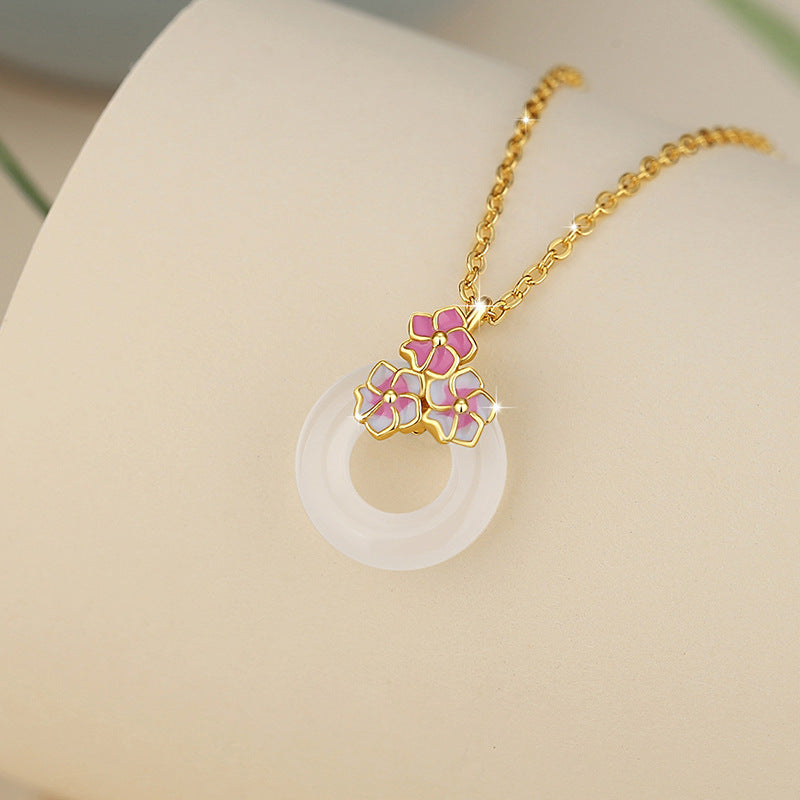 Cherry Blossom Sterling Silver 925 Chalcedony Necklace Female Niche Design Light Luxury Flower Clavicle Chain Ins Style Safety Buckle Pendant