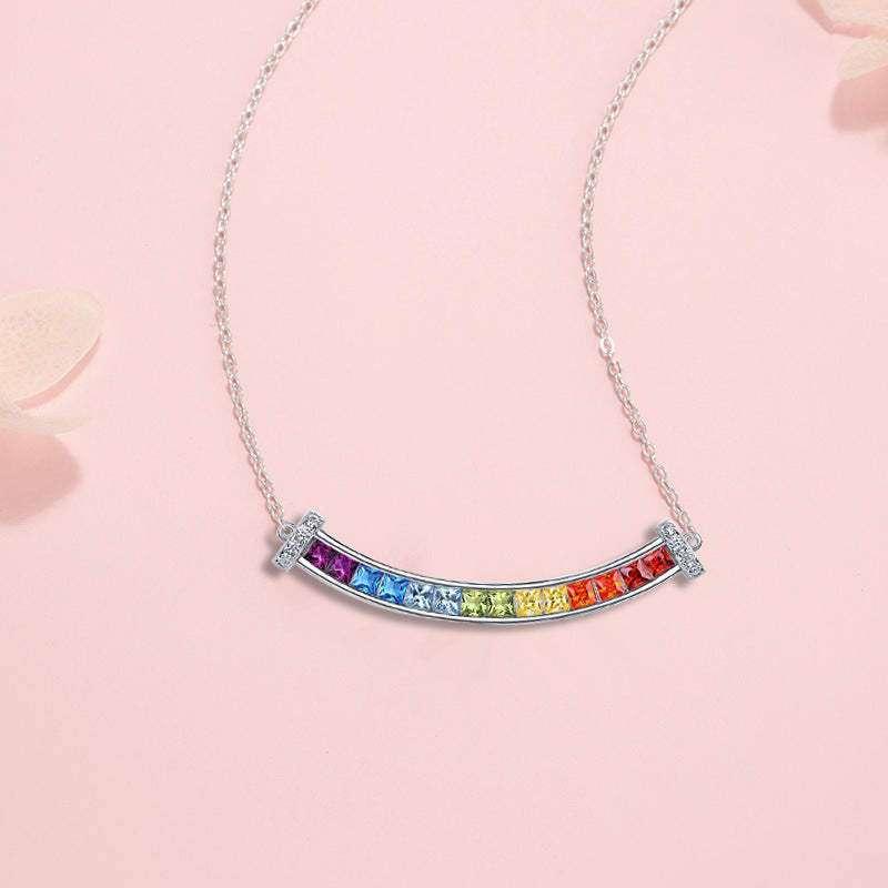 Smile Rainbow Sterling Silver 925 Necklace Female Sweet Cute Style Pink Zircon Clavicle Chain Ins Dopamine Pendant