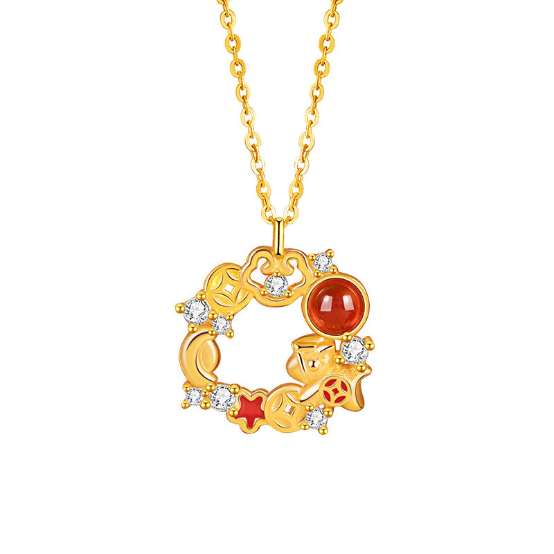 Immediately Rich Flower Sterling Silver 925 Necklace Female New Chinese Red Agate Lucky Clavicle Chain Zodiac Pendant