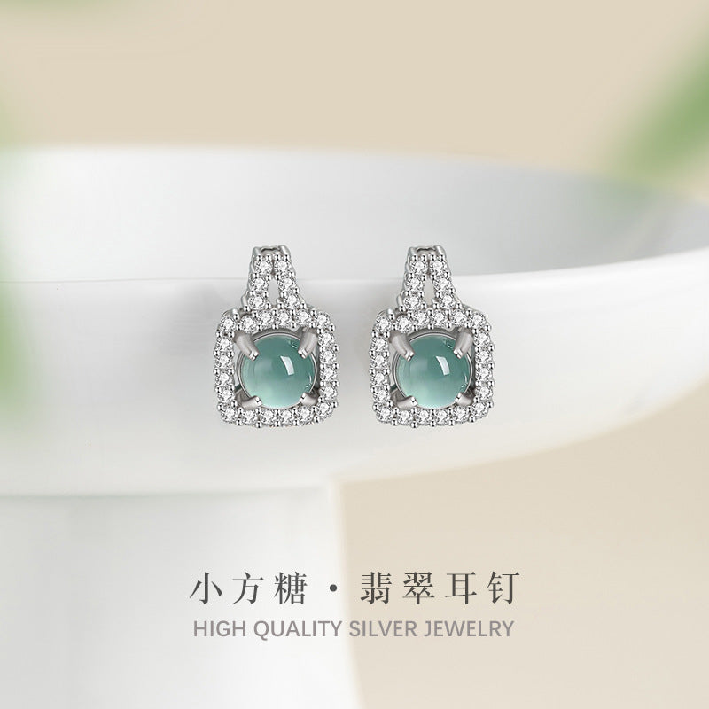 Square Sugar Sterling Silver 925 Stud Earrings Female Niche Design Light Luxury Natural Dangerous Material Blue Water Jade Earrings Ins Style Earrings