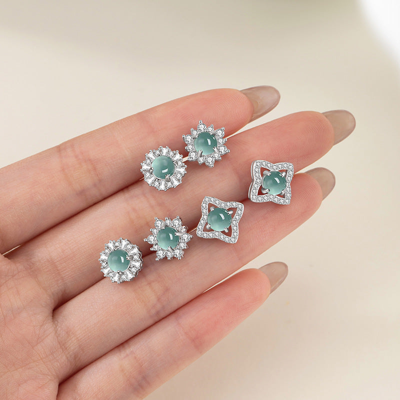 One Week Sterling Silver 925 Stud Earrings Light Luxury High-Grade Natural Blue Water Dangerous Material Jade Earrings Clover Earrings
