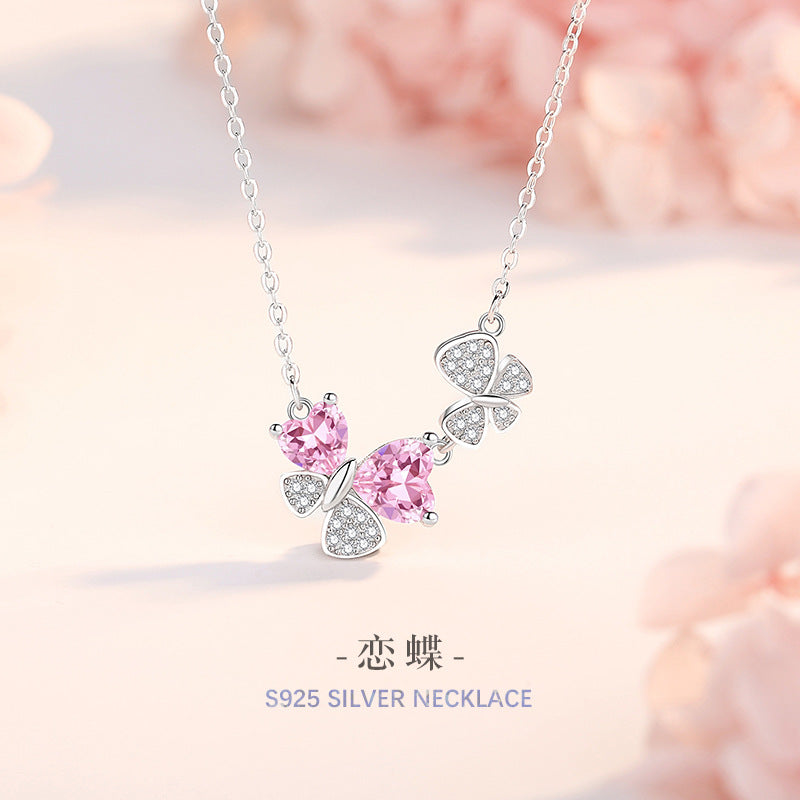Butterfly Sterling Silver 925 Necklace Female Niche Light Luxury Sweet Style Pink Zircon Clavicle Chain Ins Style Love Pendant