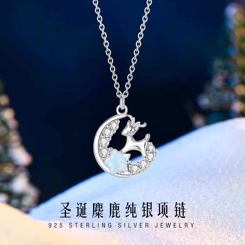 Elk Sterling Silver 925 Necklace Women's Fashion All-Match Star Clavicle Chain Christmas Deer Has Your Moon Pendant