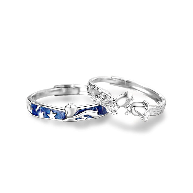 Little Prince and Rose Sterling Silver 925 Couple Ring Men and Women Fashion All-Match Ring Ins Style Star Ring