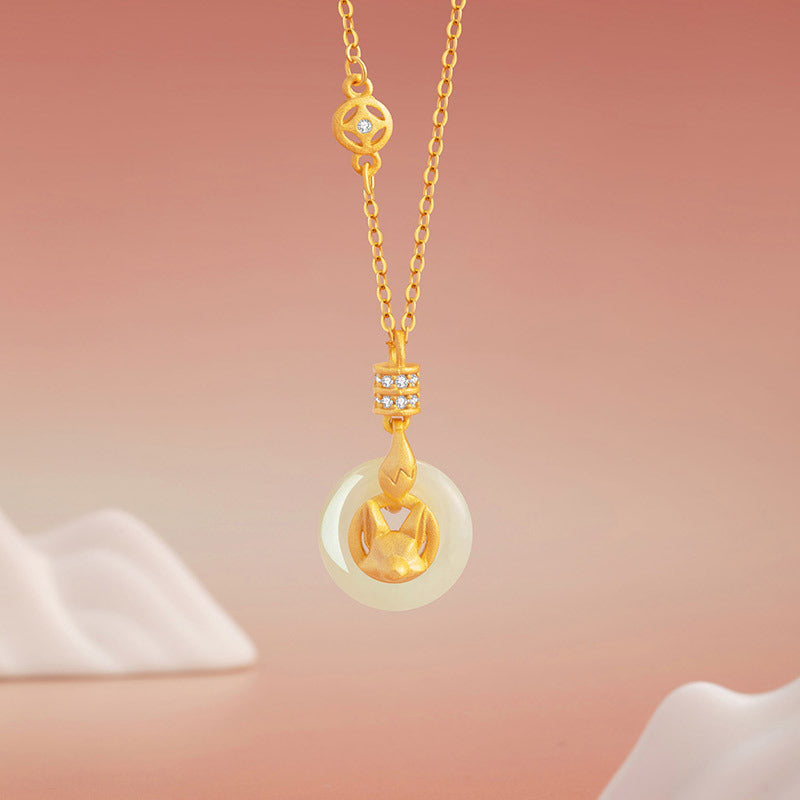 Fox Sterling Silver 925 Hetian Jade Necklace Female Cute Sweet Style Copper Coin Clavicle Chain Ins Style Safety Buckle Pendant
